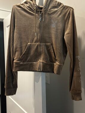 PLAYBOY Brown Velour Zip Hoodie with Rhinestone Bunny